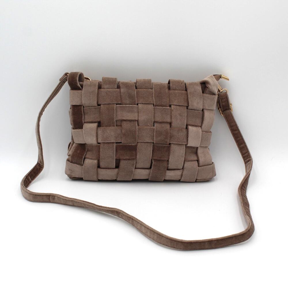 Anthropologie Crossbody Bag Taupe Velvet Woven Basketweave Purse Boho Clutch